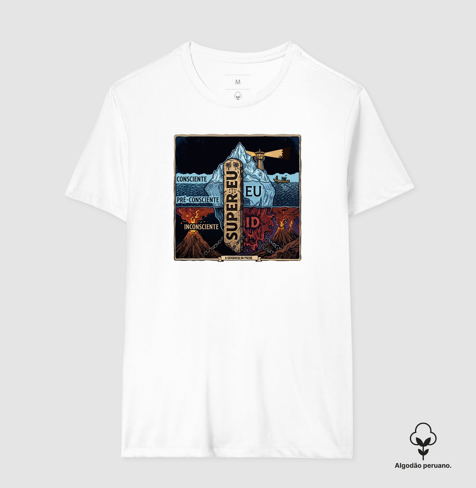Camiseta Algodão Peruano Psicanálise Freud - (Primeira e Segunda Tópica) | Xilogravura Colorida