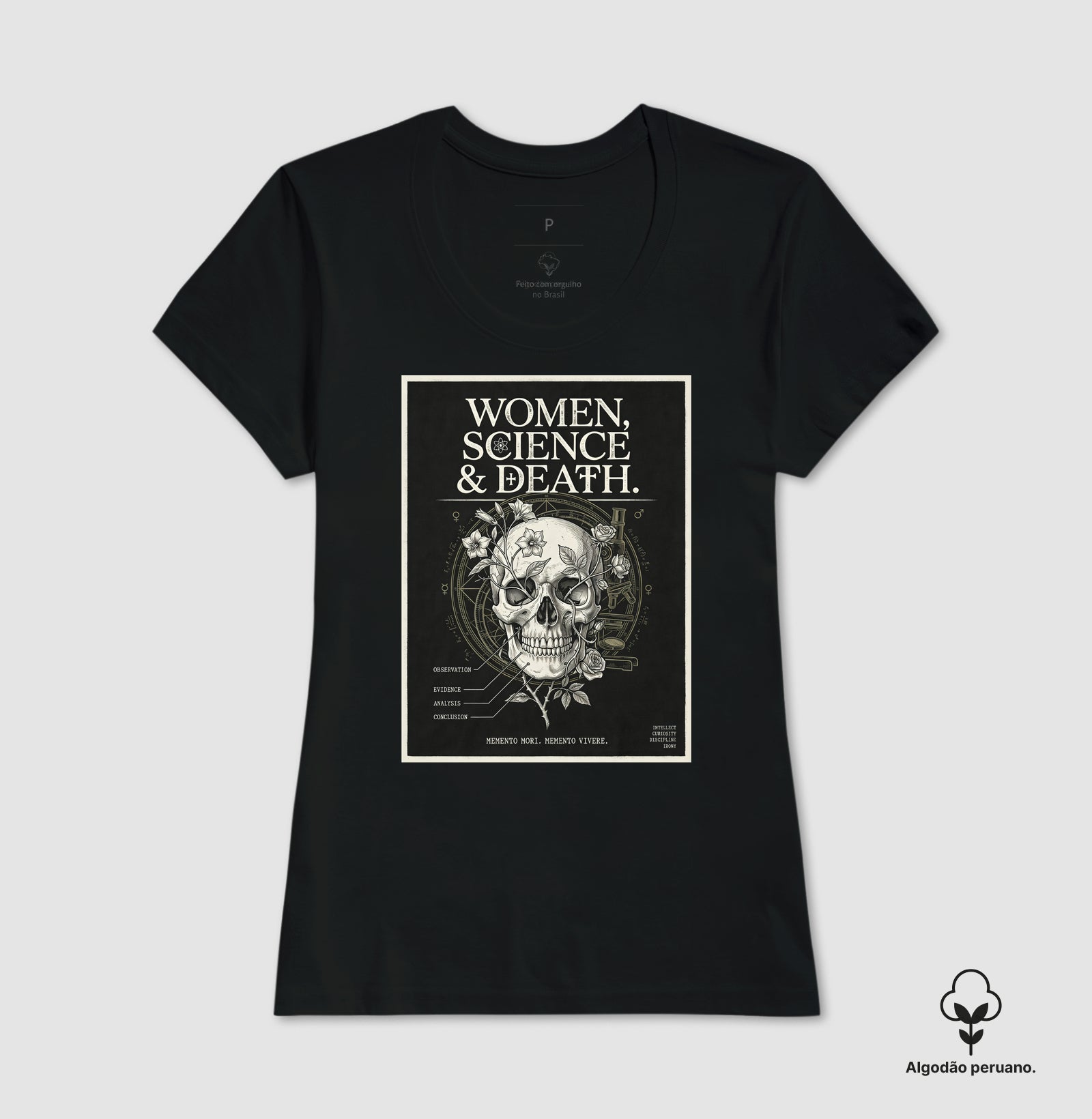 Camiseta Algodão Peruano Gótica Científica "Women, Science & Death" | Memento Mori