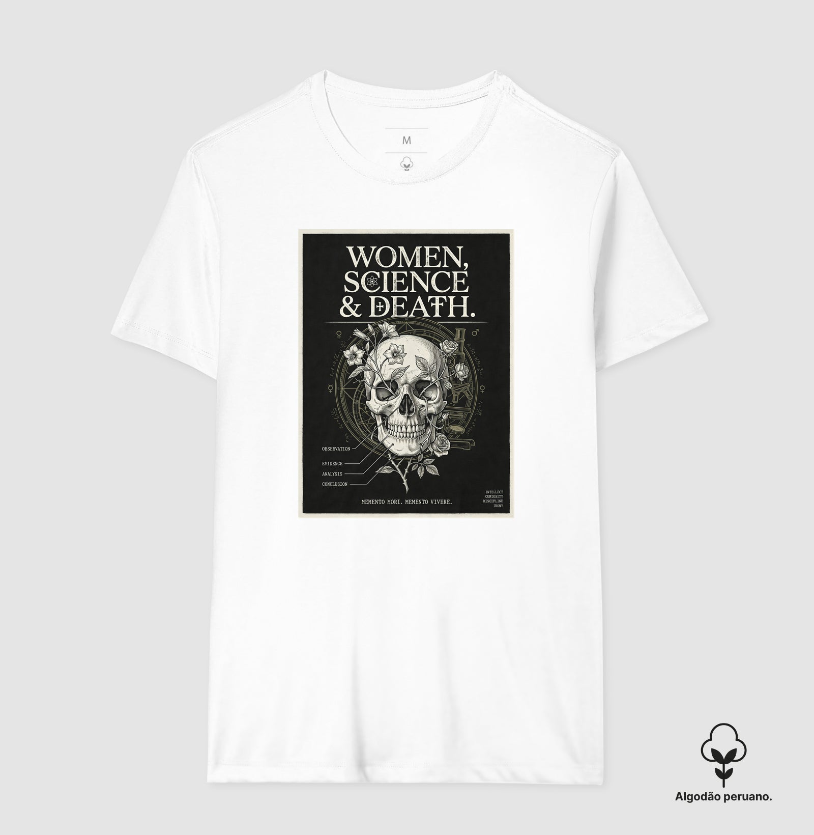 Camiseta Algodão Peruano Gótica Científica "Women, Science & Death" | Memento Mori