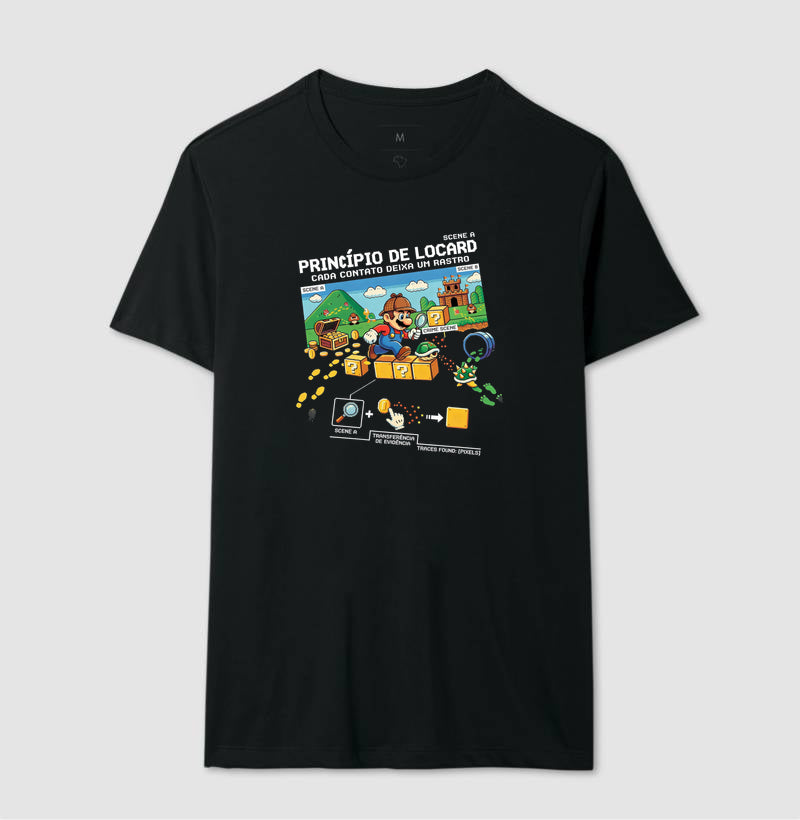 Camiseta Criminalística Locard - Transferência de Evidência 8-Bits | Forensic Gamer