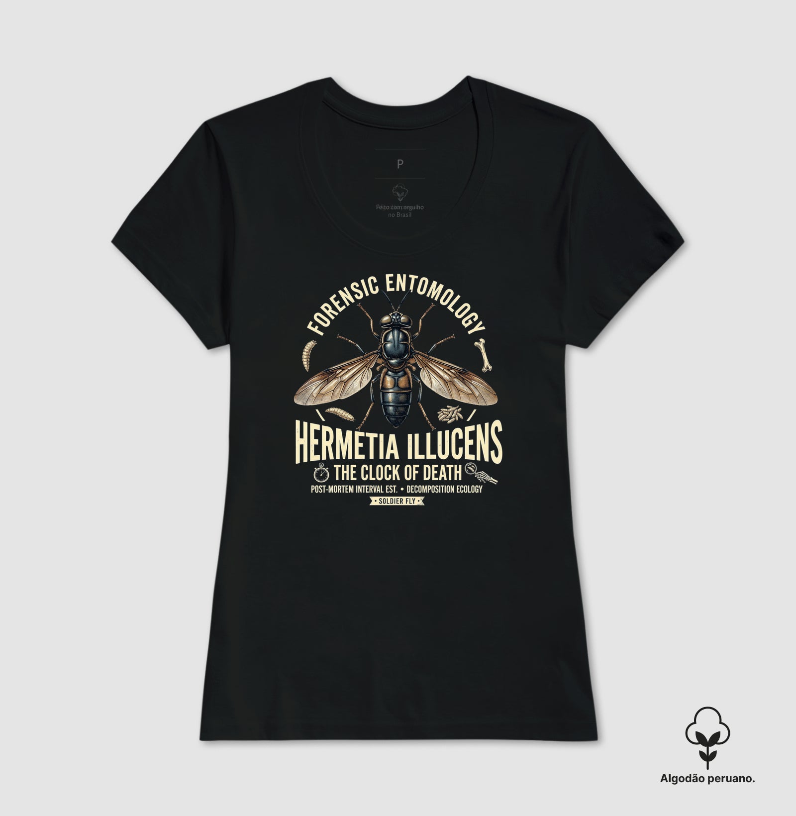 Camiseta Algodão Peruano "Entomologia Forense" | O Relógio da Morte (Hermetia illucens)