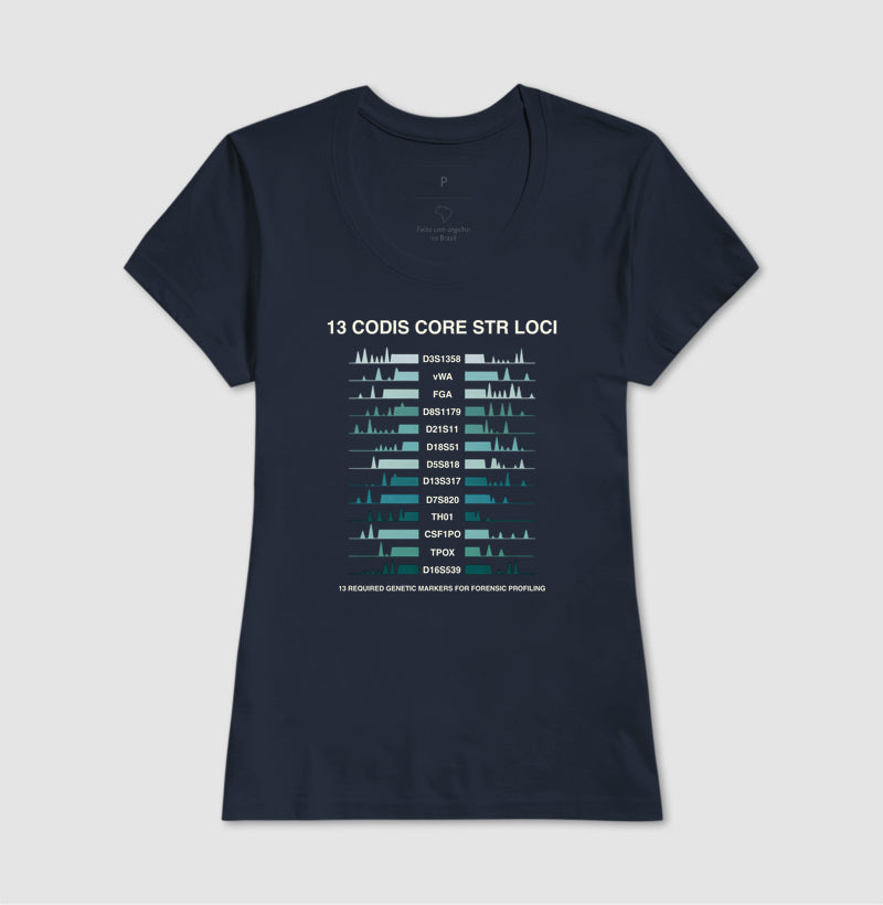Camiseta Genética Forense - Os 13 Marcadores CODIS (Perfil de DNA) | Moda Científica