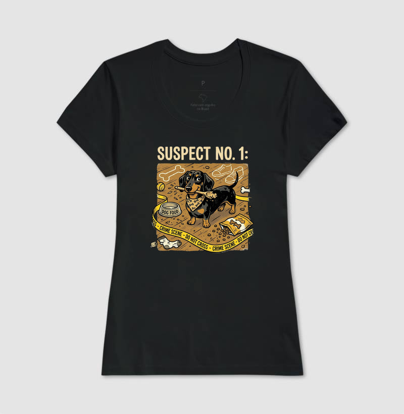 Camiseta Cena do Crime - Suspeito Nº 1 (salsicha) | Humor Forense Pet