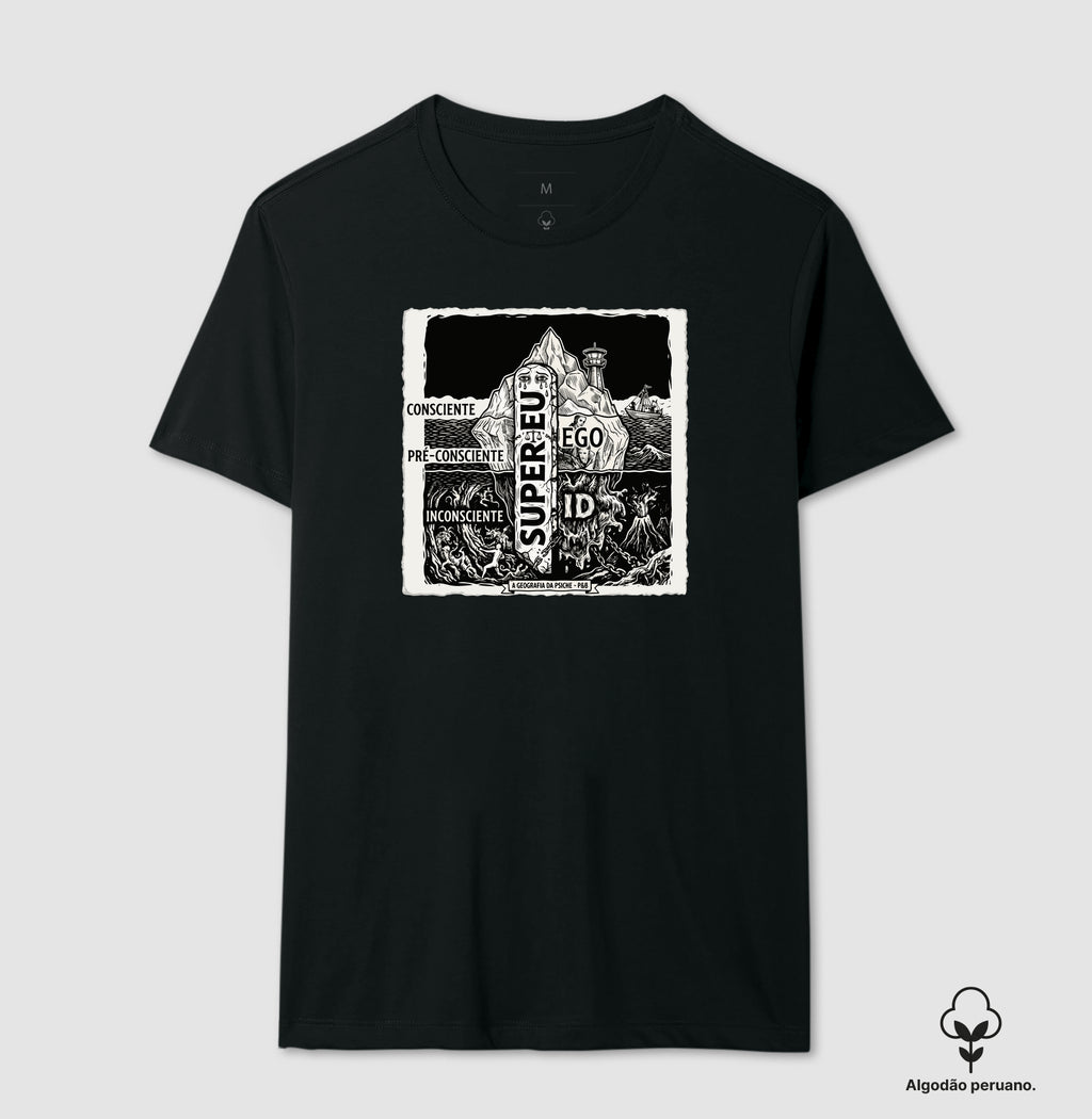 Camiseta Algodão Peruano Psicanálise Freud - Geografia da Psique (1ª e 2ª Tópica) | Xilogravura Clássica
