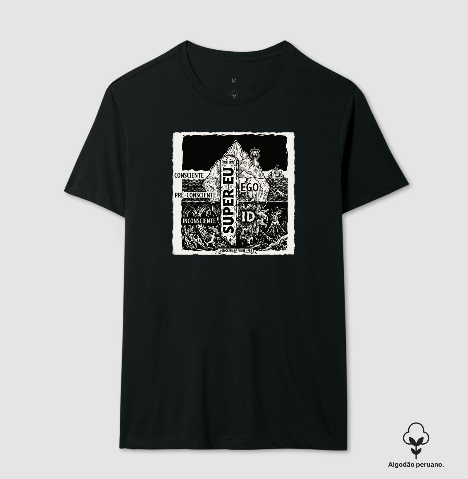 Camiseta Algodão Peruano Psicanálise Freud - Geografia da Psique (1ª e 2ª Tópica) | Xilogravura Clássica