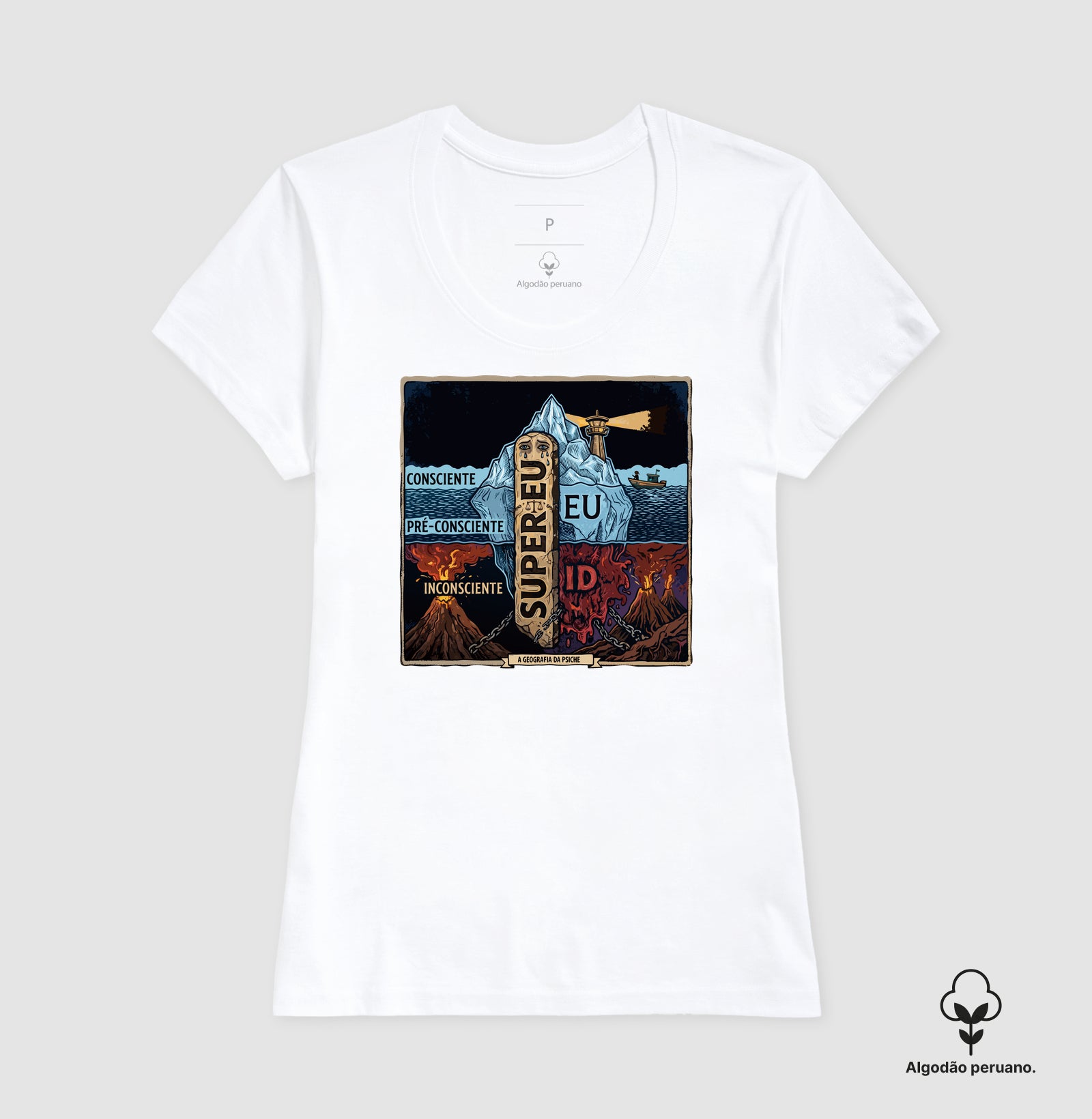 Camiseta Algodão Peruano Psicanálise Freud - (Primeira e Segunda Tópica) | Xilogravura Colorida