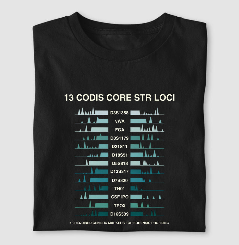 Camiseta Genética Forense - Os 13 Marcadores CODIS (Perfil de DNA) | Moda Científica