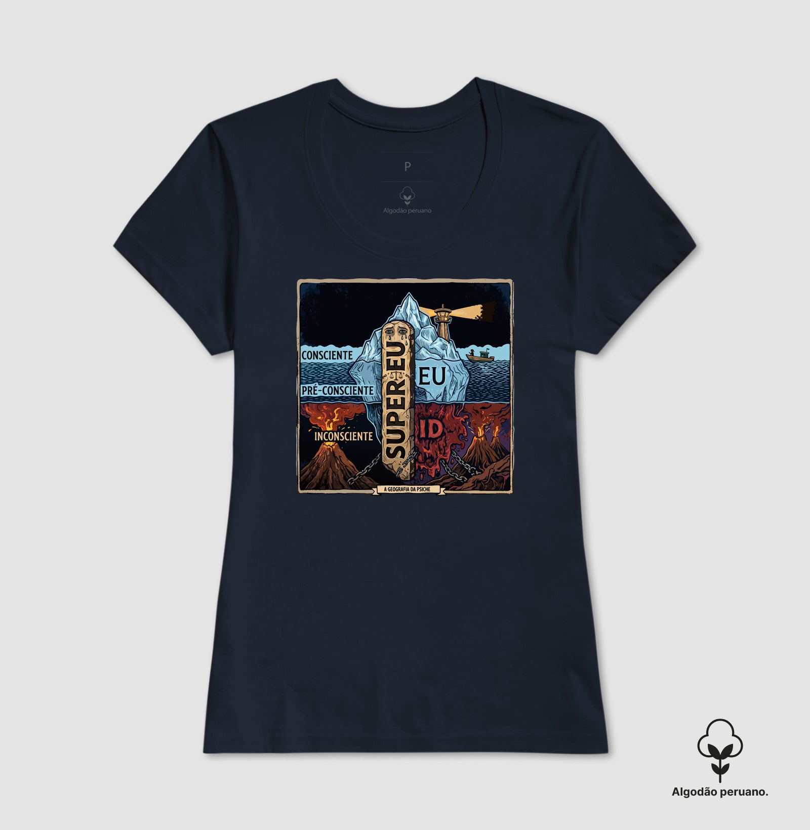 Camiseta Algodão Peruano Psicanálise Freud - (Primeira e Segunda Tópica) | Xilogravura Colorida