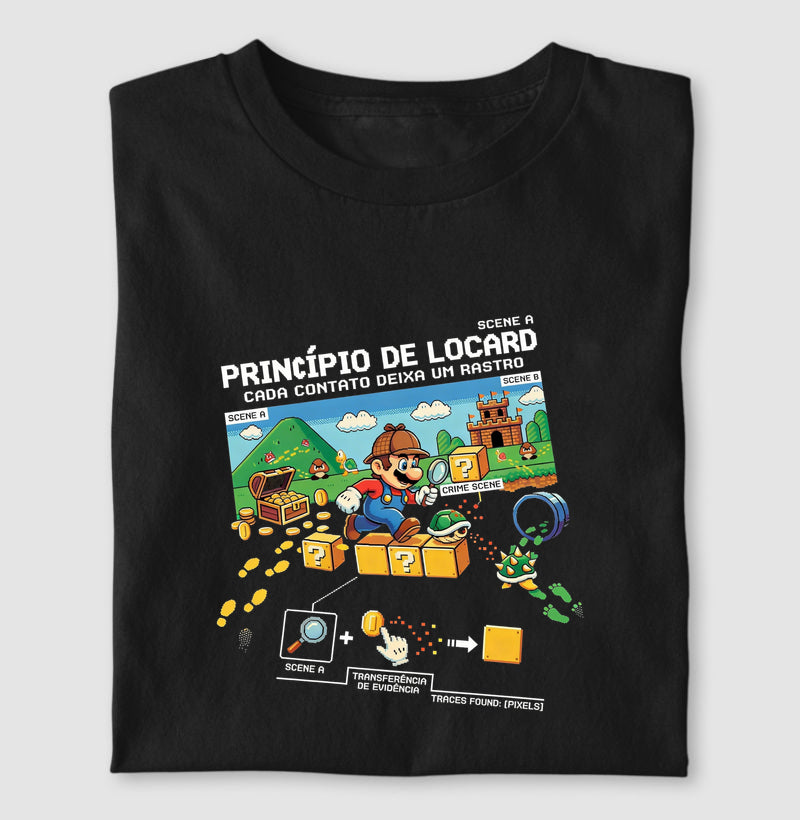 Camiseta Criminalística Locard - Transferência de Evidência 8-Bits | Forensic Gamer