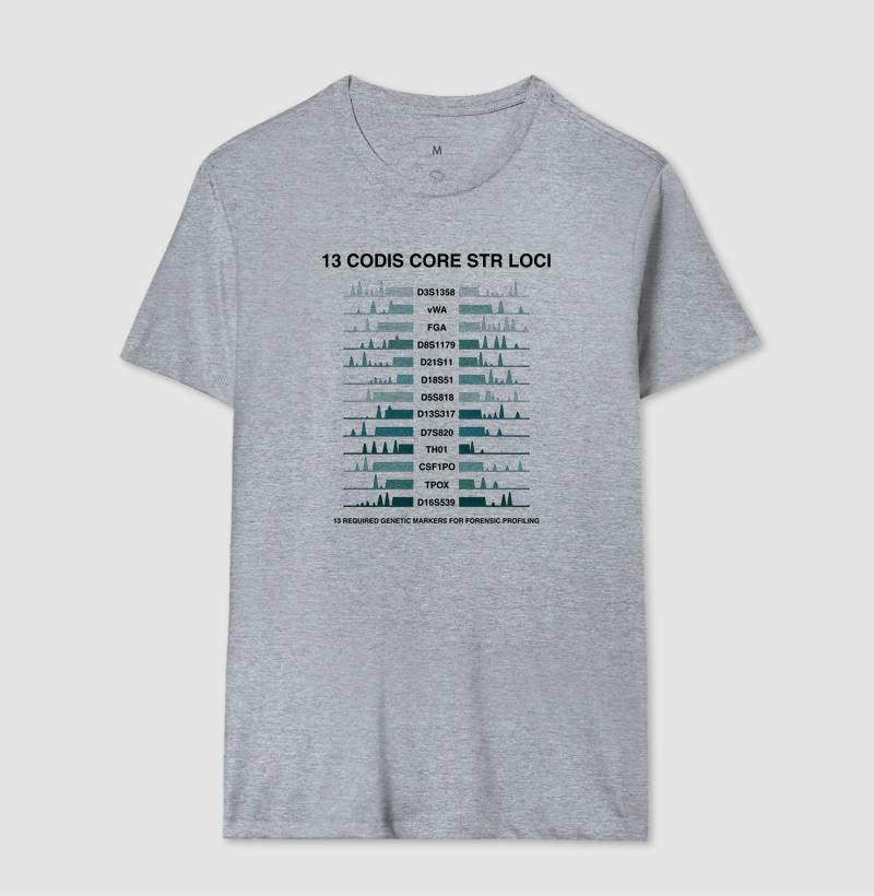 Camiseta Genética Forense - Os 13 Marcadores CODIS (Perfil de DNA) | Moda Científica