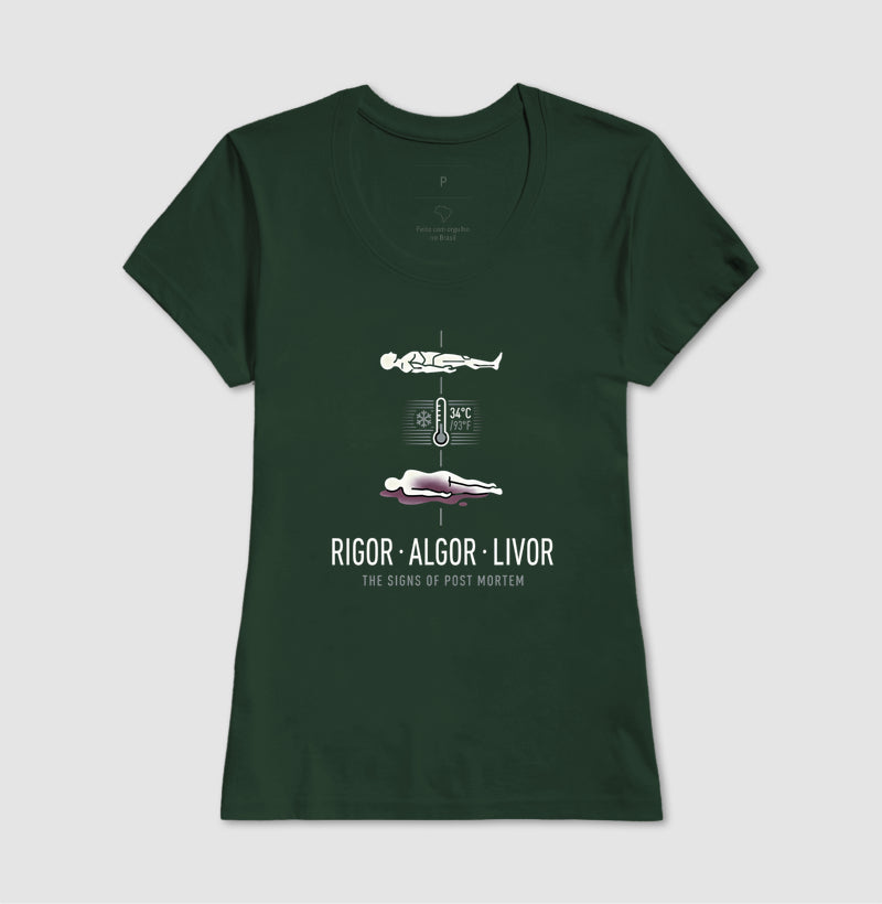 Camiseta Tríade Post Mortem (Rigor, Algor, Livor) | Coleção Forense