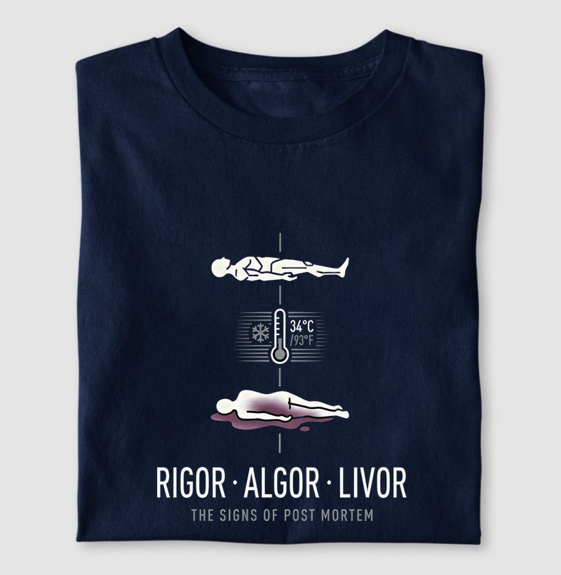 Camiseta Tríade Post Mortem (Rigor, Algor, Livor) | Coleção Forense