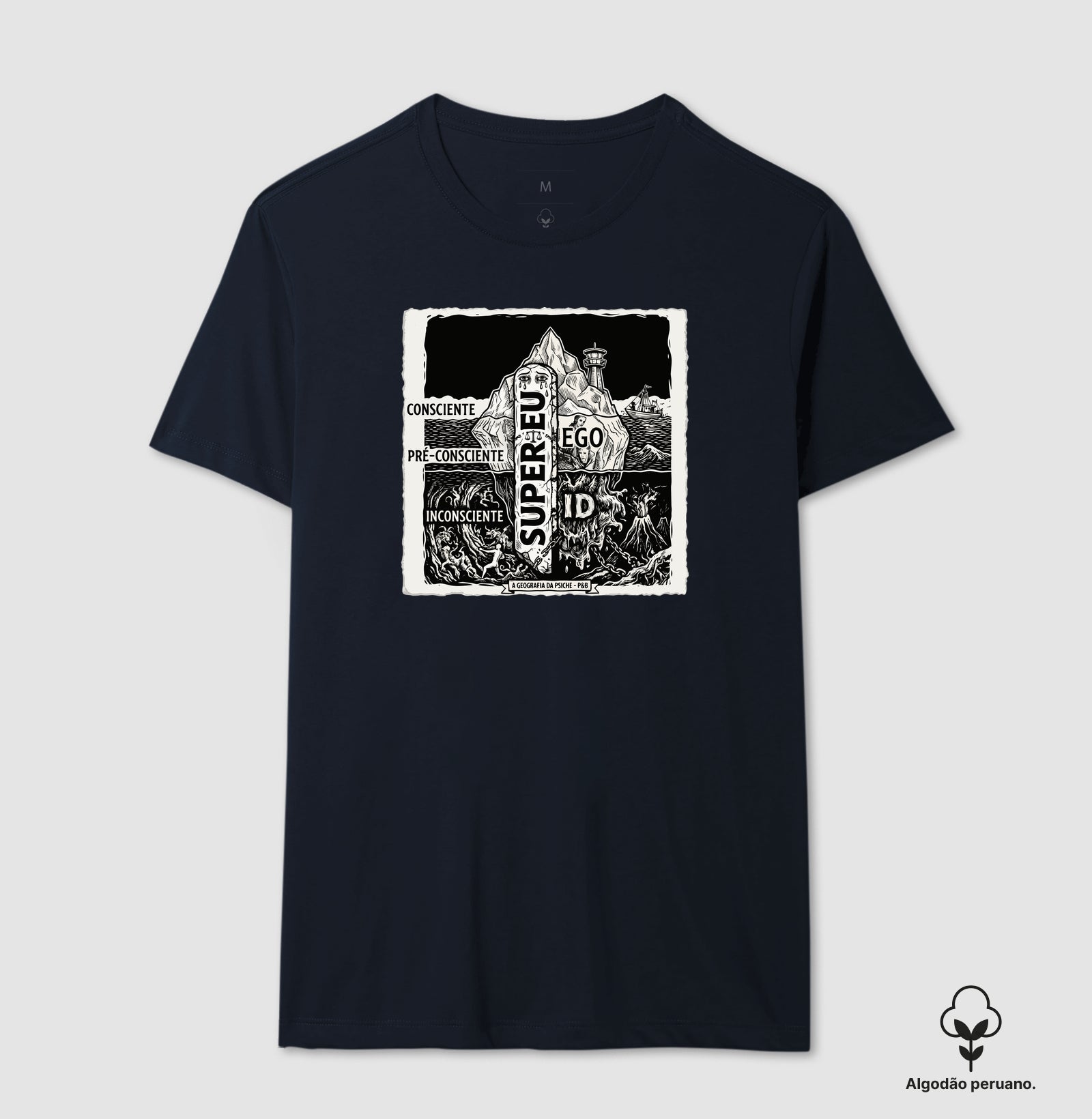 Camiseta Algodão Peruano Psicanálise Freud - Geografia da Psique (1ª e 2ª Tópica) | Xilogravura Clássica