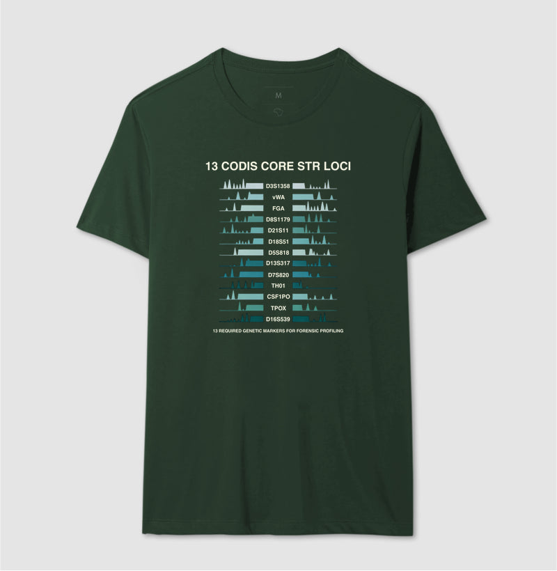 Camiseta Genética Forense - Os 13 Marcadores CODIS (Perfil de DNA) | Moda Científica