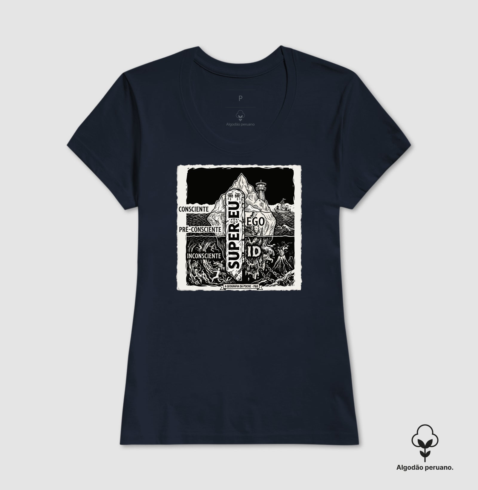 Camiseta Algodão Peruano Psicanálise Freud - Geografia da Psique (1ª e 2ª Tópica) | Xilogravura Clássica