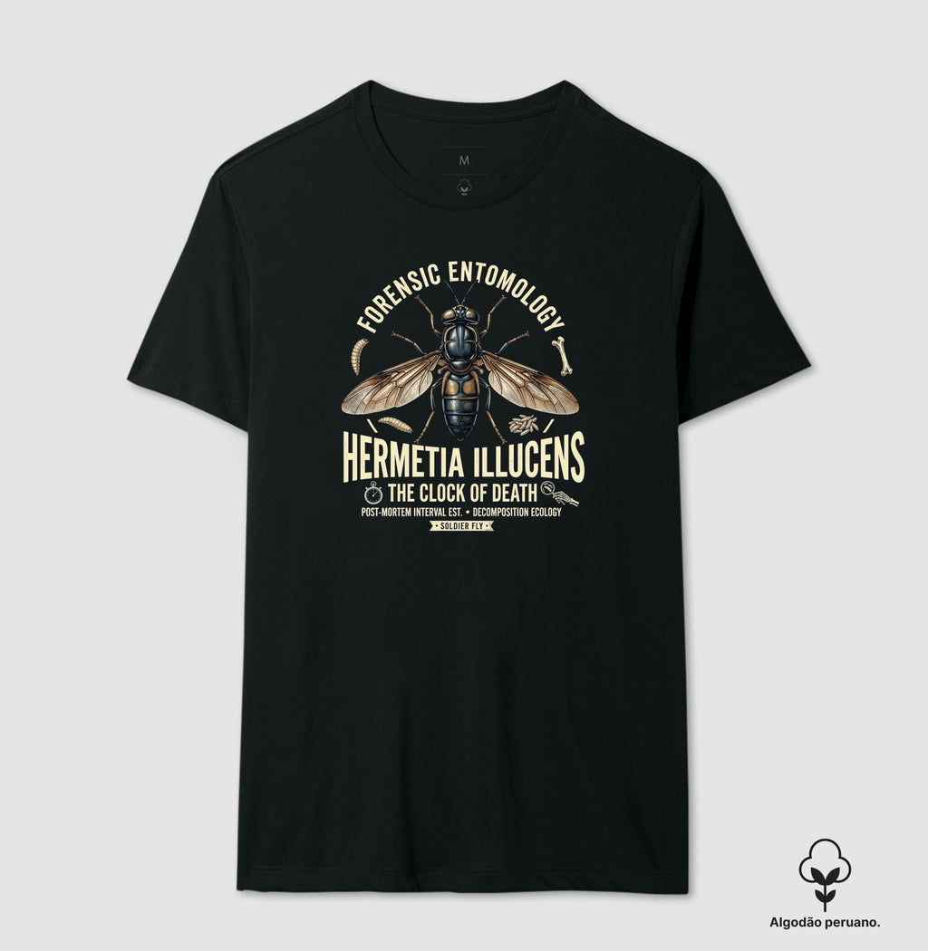Camiseta Algodão Peruano "Entomologia Forense" | O Relógio da Morte (Hermetia illucens)