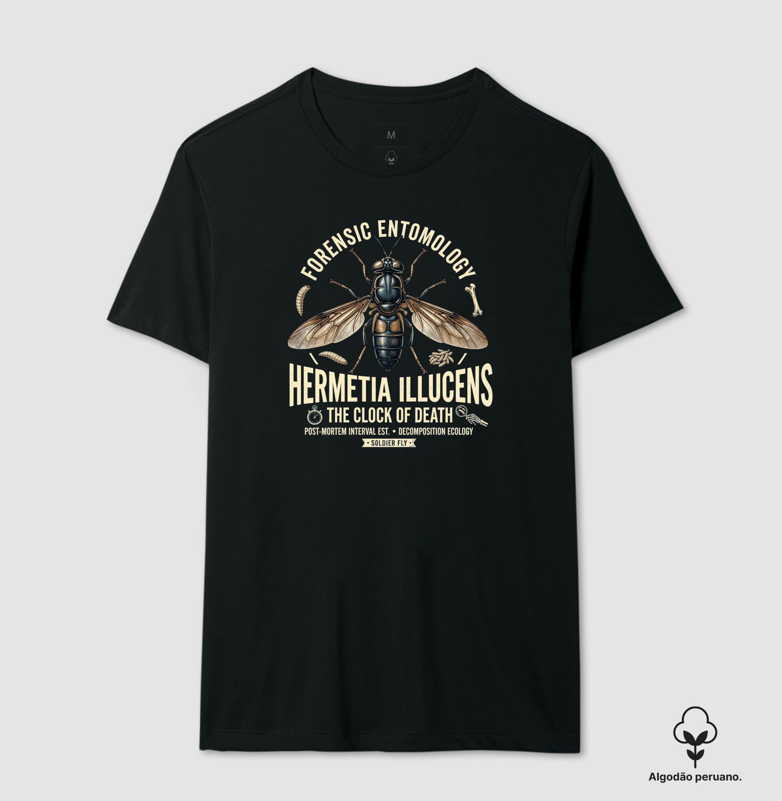 Camiseta Algodão Peruano "Entomologia Forense" | O Relógio da Morte (Hermetia illucens)