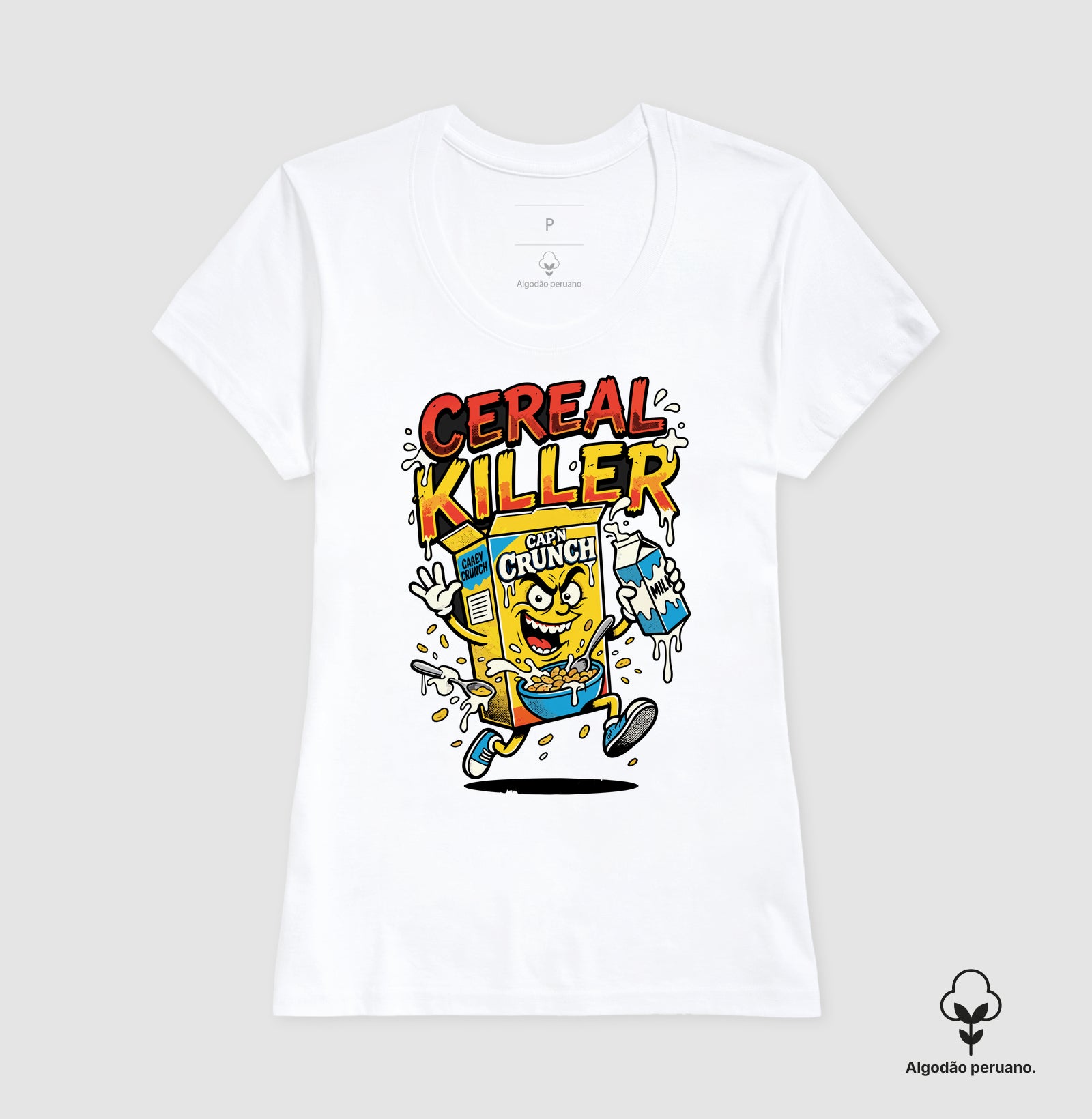 Camiseta Algodão Peruano Cereal Killer: Trocadilho de Cereal - Pop Art HQ