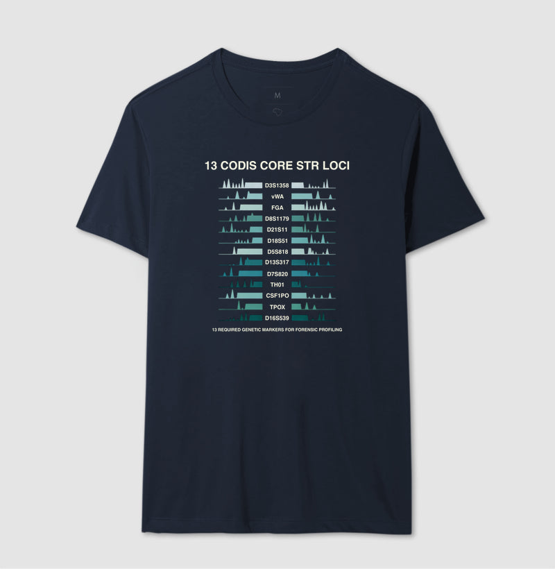Camiseta Genética Forense - Os 13 Marcadores CODIS (Perfil de DNA) | Moda Científica