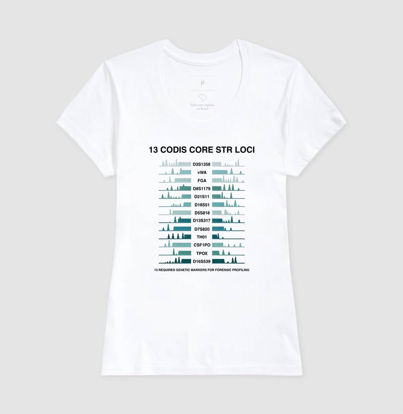 Camiseta Genética Forense - Os 13 Marcadores CODIS (Perfil de DNA) | Moda Científica