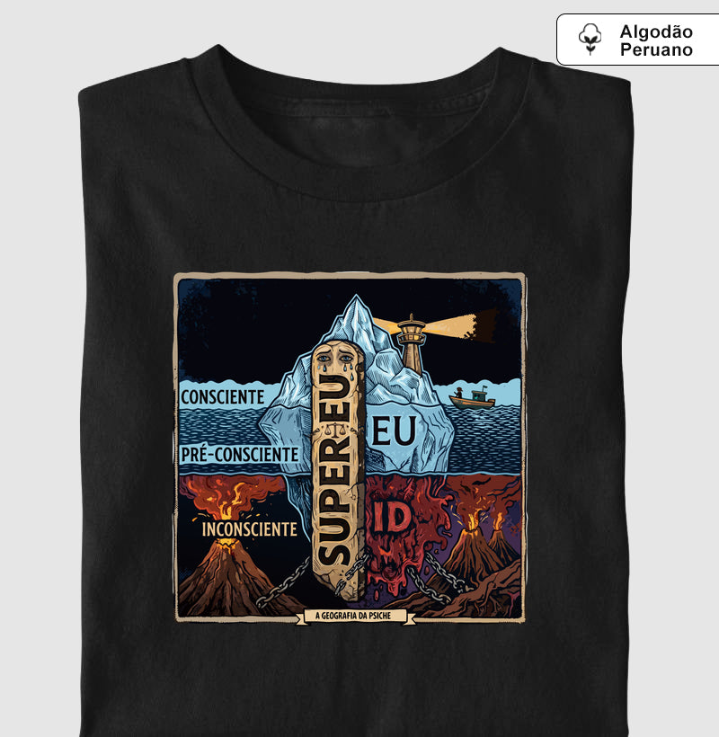 Camiseta Algodão Peruano Psicanálise Freud - (Primeira e Segunda Tópica) | Xilogravura Colorida