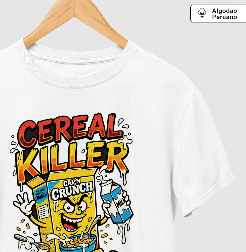 Camiseta Algodão Peruano Cereal Killer: Trocadilho de Cereal - Pop Art HQ