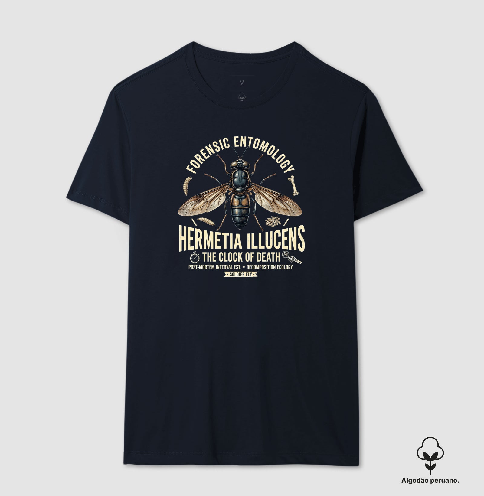 Camiseta Algodão Peruano "Entomologia Forense" | O Relógio da Morte (Hermetia illucens)