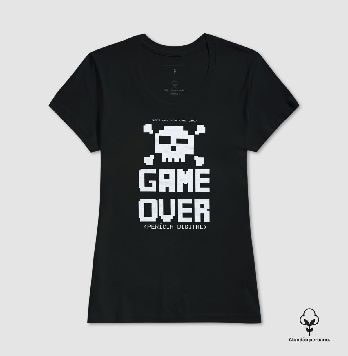Camiseta Algodão Peruano Perícia Digital Game Over & Pixel Art Retro