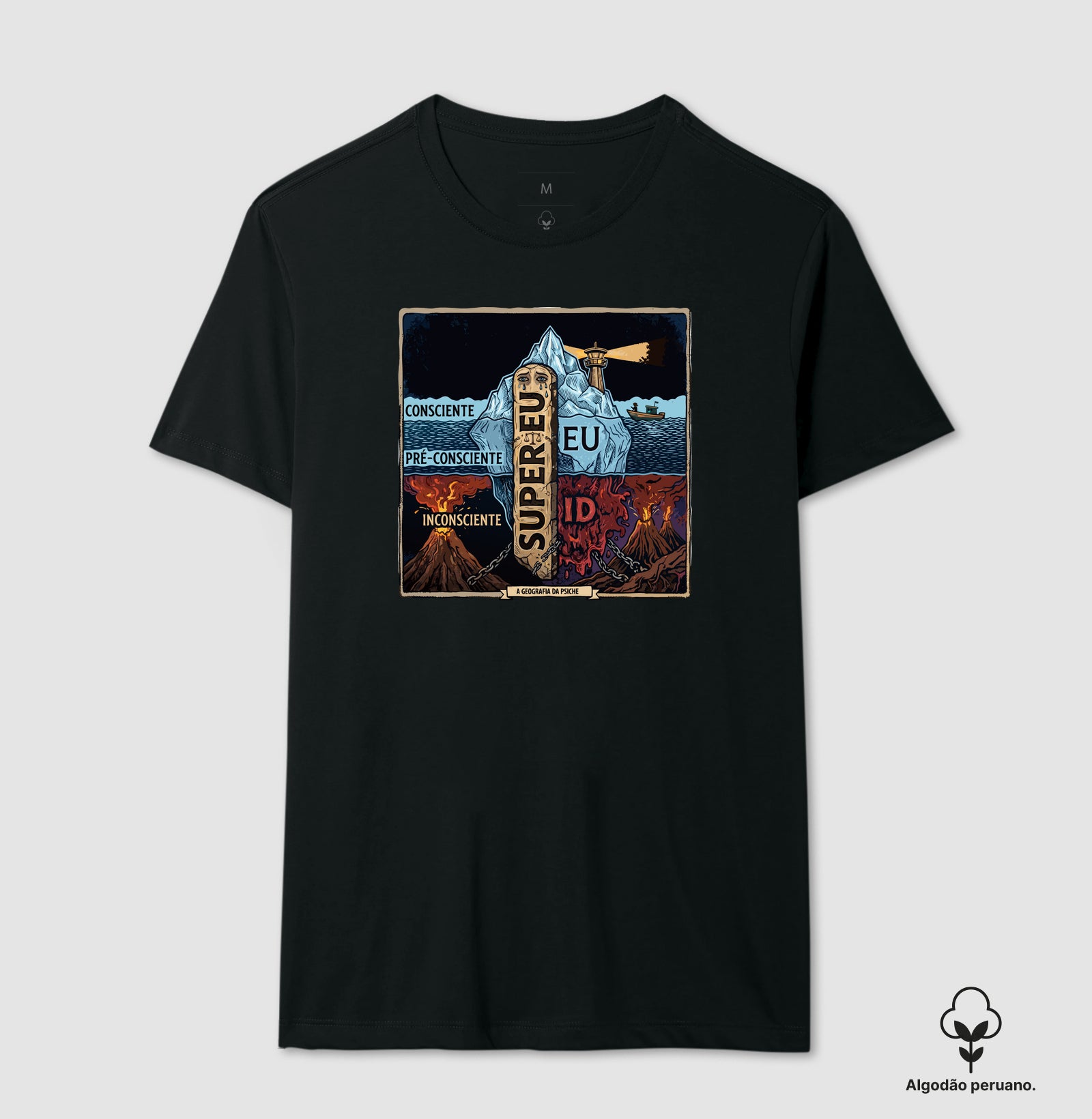 Camiseta Algodão Peruano Psicanálise Freud - (Primeira e Segunda Tópica) | Xilogravura Colorida