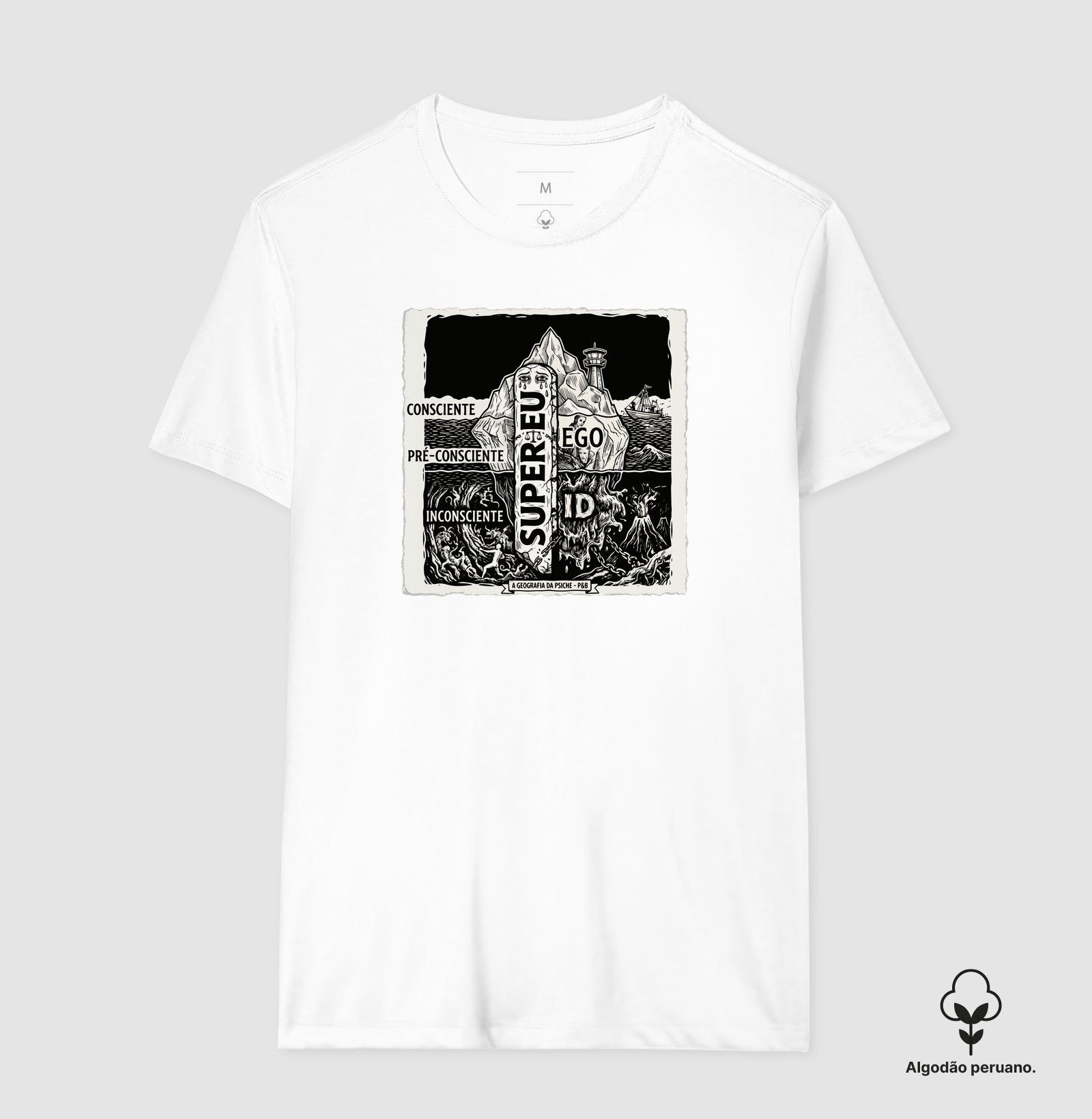 Camiseta Algodão Peruano Psicanálise Freud - Geografia da Psique (1ª e 2ª Tópica) | Xilogravura Clássica