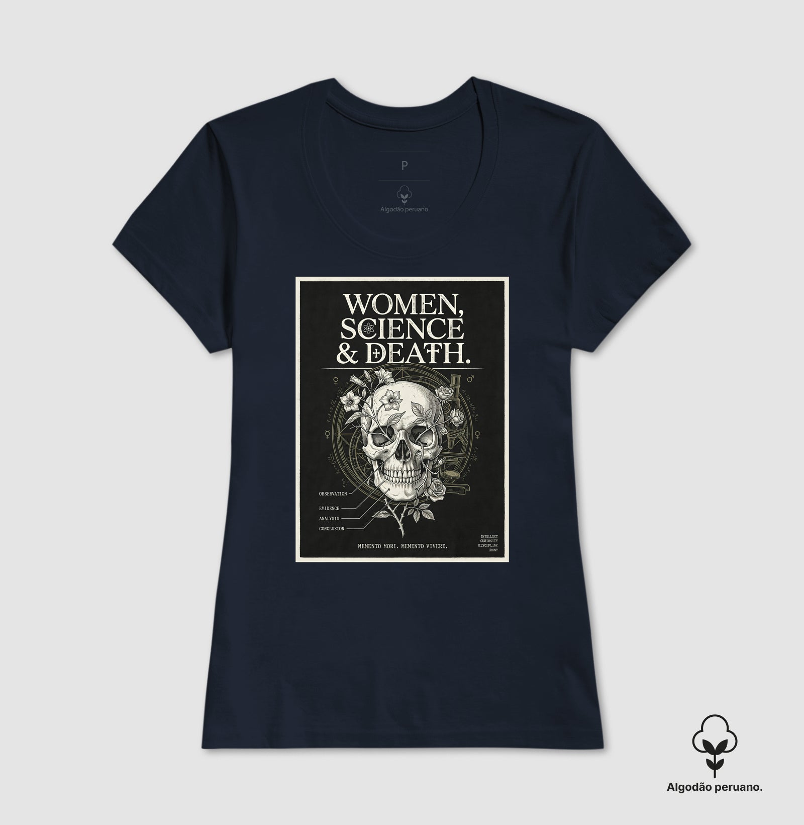 Camiseta Algodão Peruano Gótica Científica "Women, Science & Death" | Memento Mori
