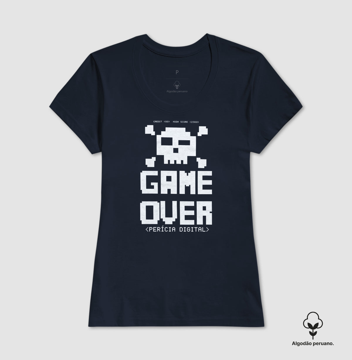 Camiseta Algodão Peruano Perícia Digital Game Over & Pixel Art Retro
