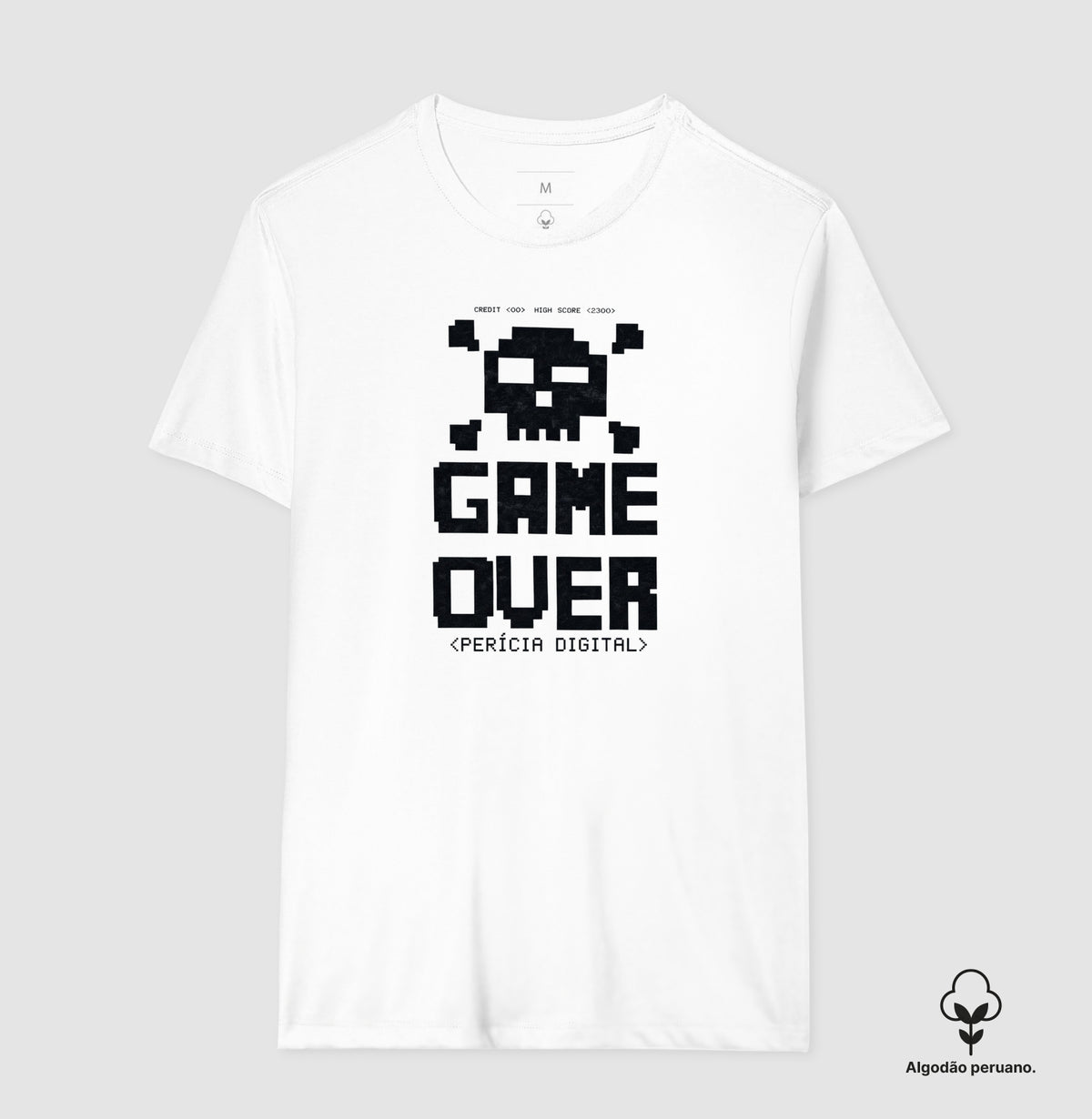 Camiseta Algodão Peruano Perícia Digital Game Over & Pixel Art Retro