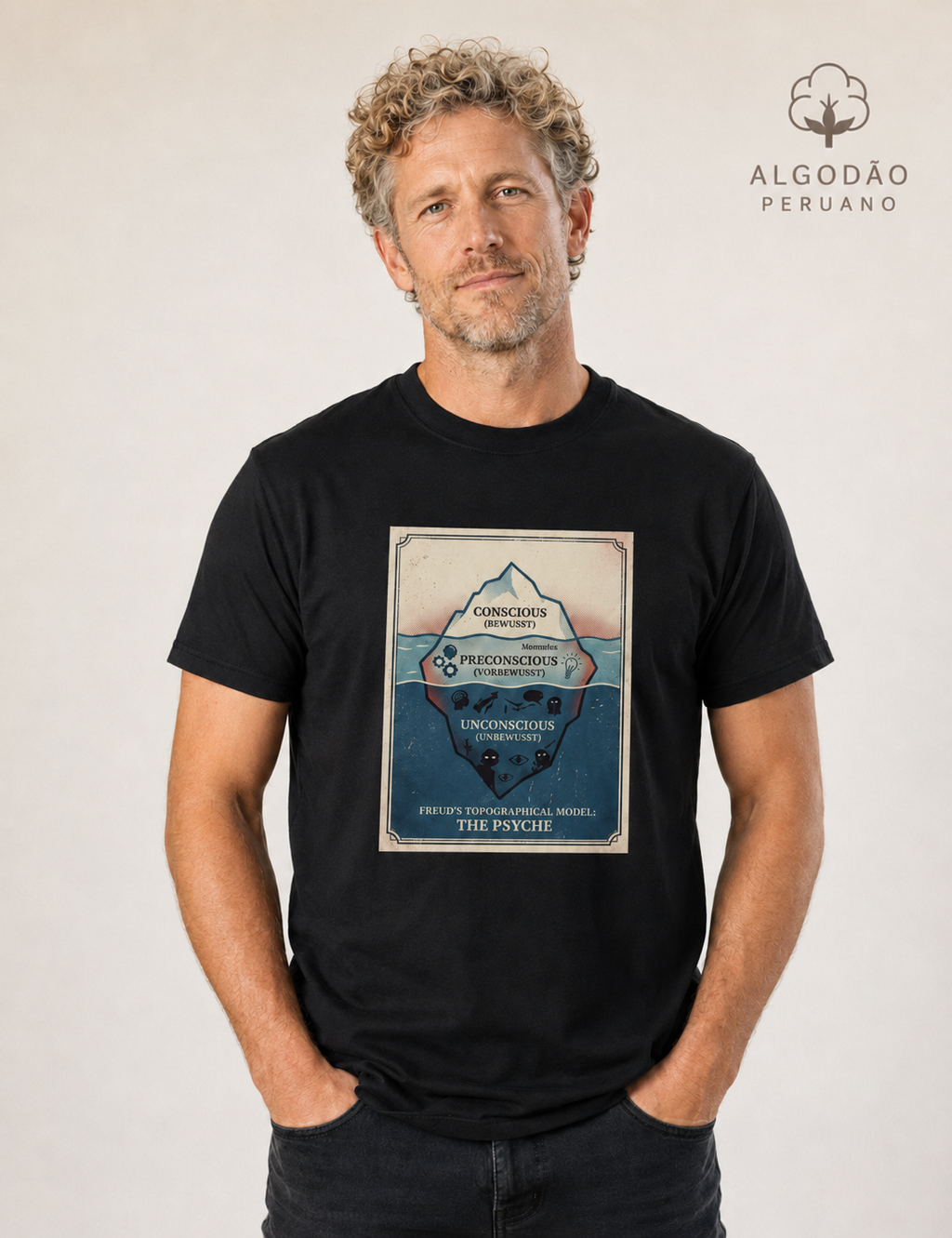 Camiseta Algodão Peruano Psicanálise Freud - Primeira Tópica (Iceberg Topographical Model) | Vintage Poster