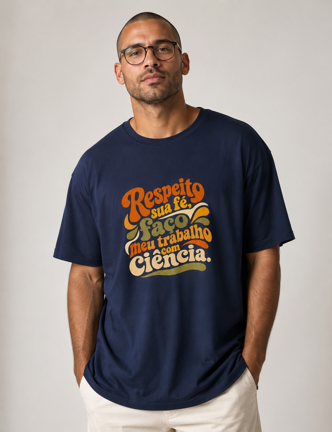 Camiseta "Respeito sua fé, faço meu trabalho com Ciência." | Estética Retro 70s