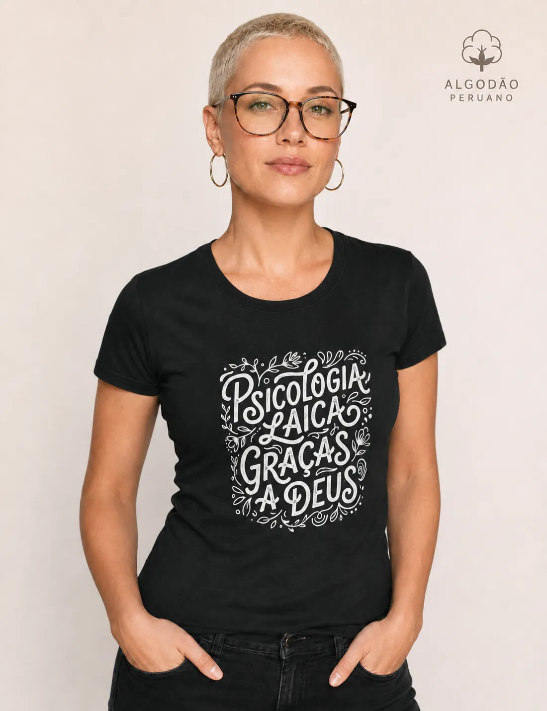 Camiseta Algodão Peruano "Psicologia Laica Graças a Deus" | Edição Hand Lettering