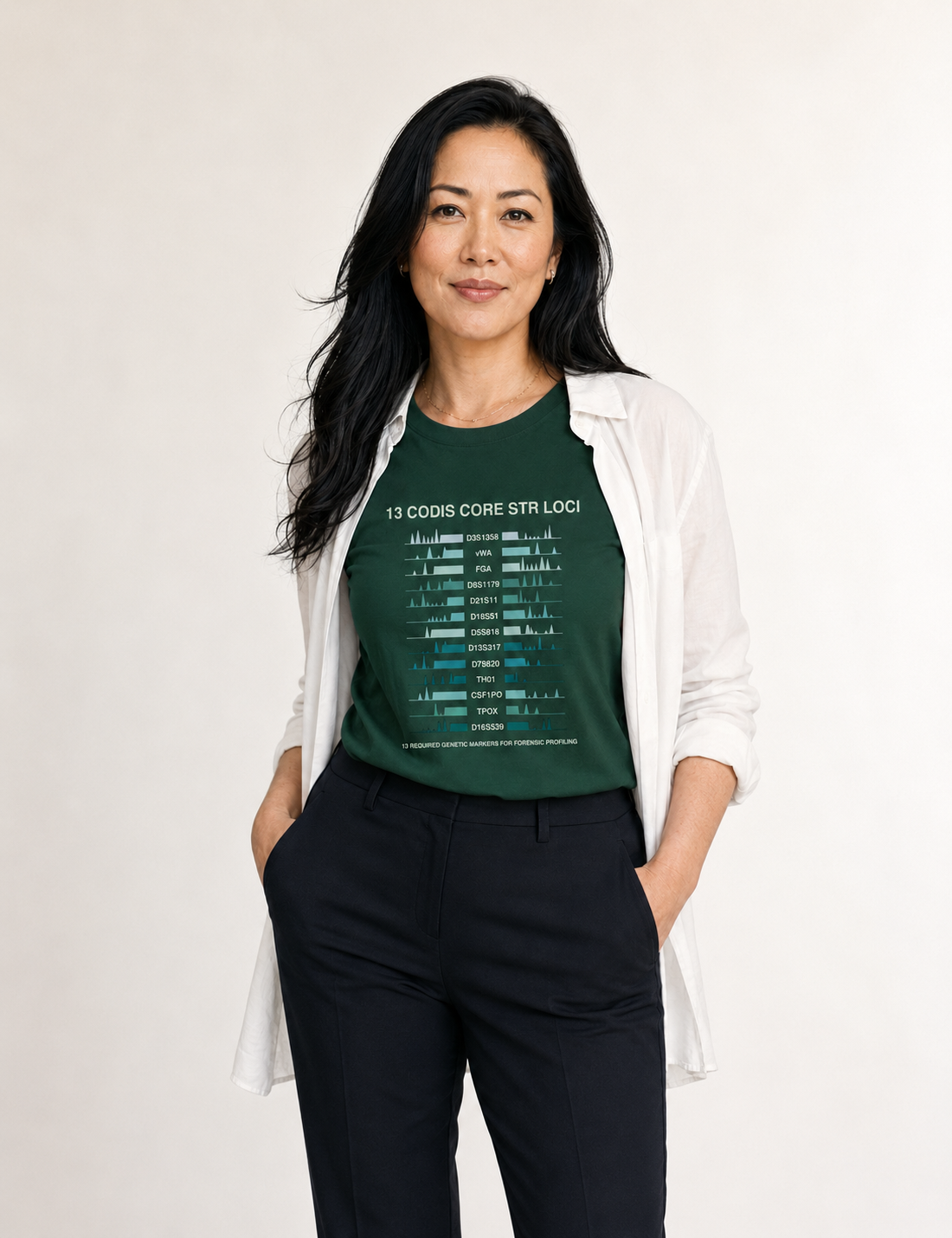 Camiseta Genética Forense - Os 13 Marcadores CODIS (Perfil de DNA) | Moda Científica