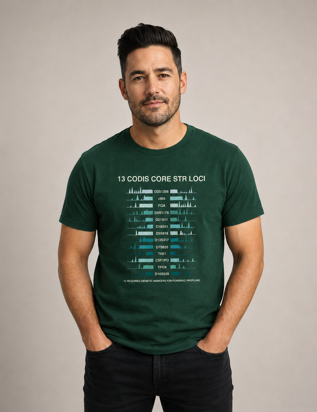 Camiseta Genética Forense - Os 13 Marcadores CODIS (Perfil de DNA) | Moda Científica