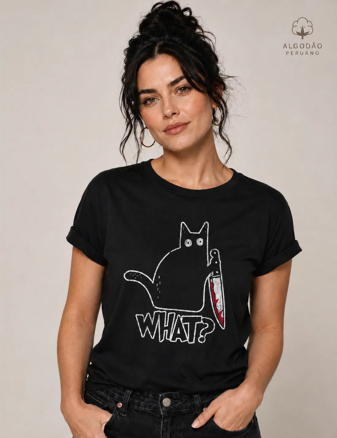 Camiseta Algodão Peruano Gato "What?" | O Suspeito Sem Remorso