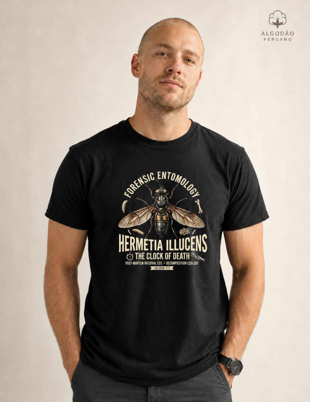 Camiseta Algodão Peruano "Entomologia Forense" | O Relógio da Morte (Hermetia illucens)