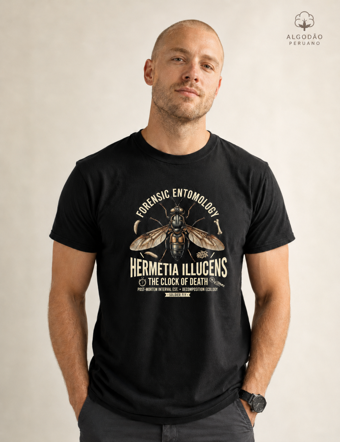Camiseta Algodão Peruano "Entomologia Forense" | O Relógio da Morte (Hermetia illucens)