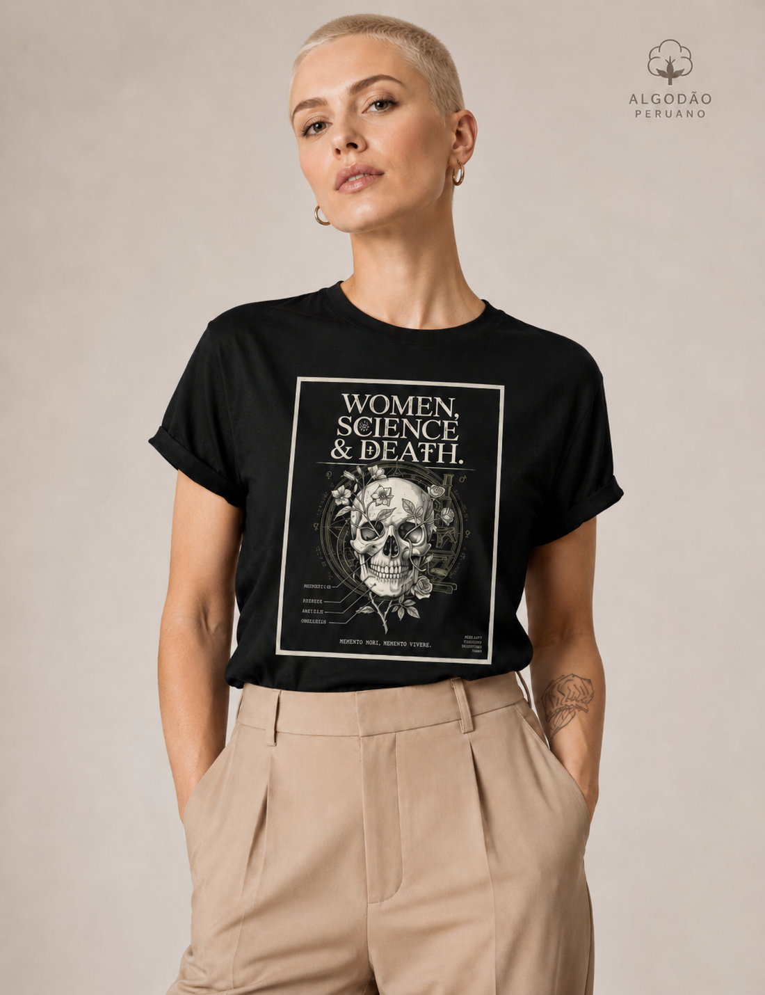 Camiseta Algodão Peruano Gótica Científica "Women, Science & Death" | Memento Mori