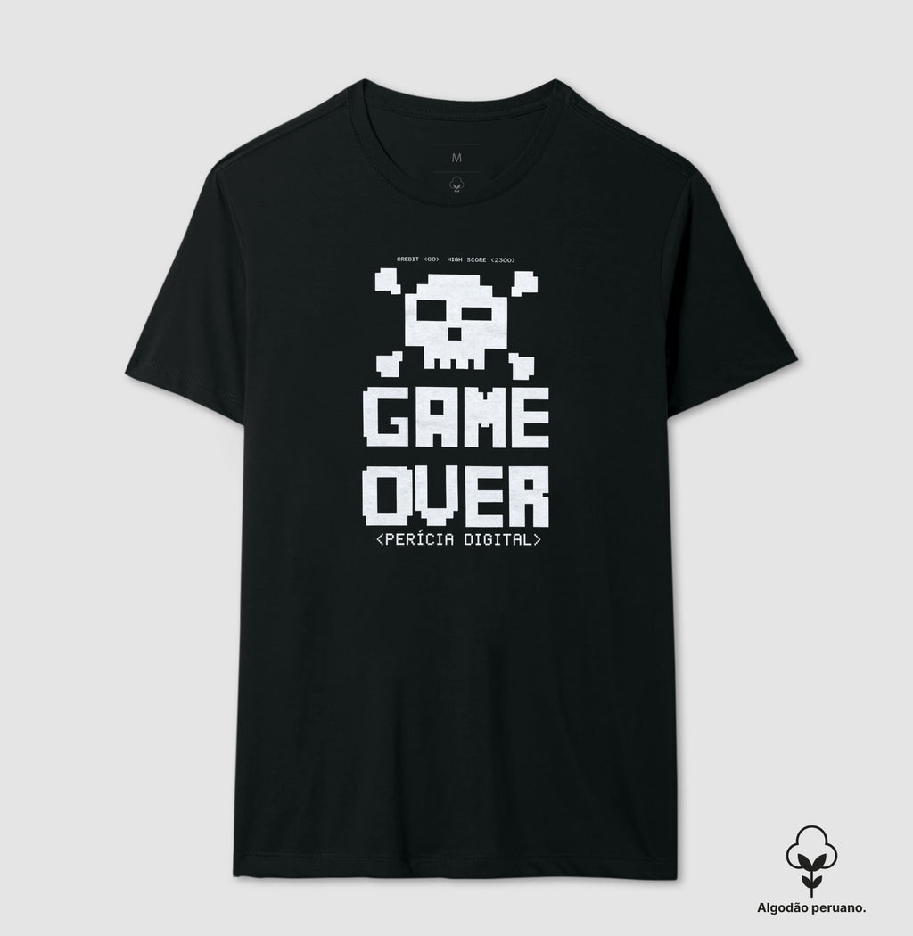 Camiseta Algodão Peruano Perícia Digital Game Over & Pixel Art Retro