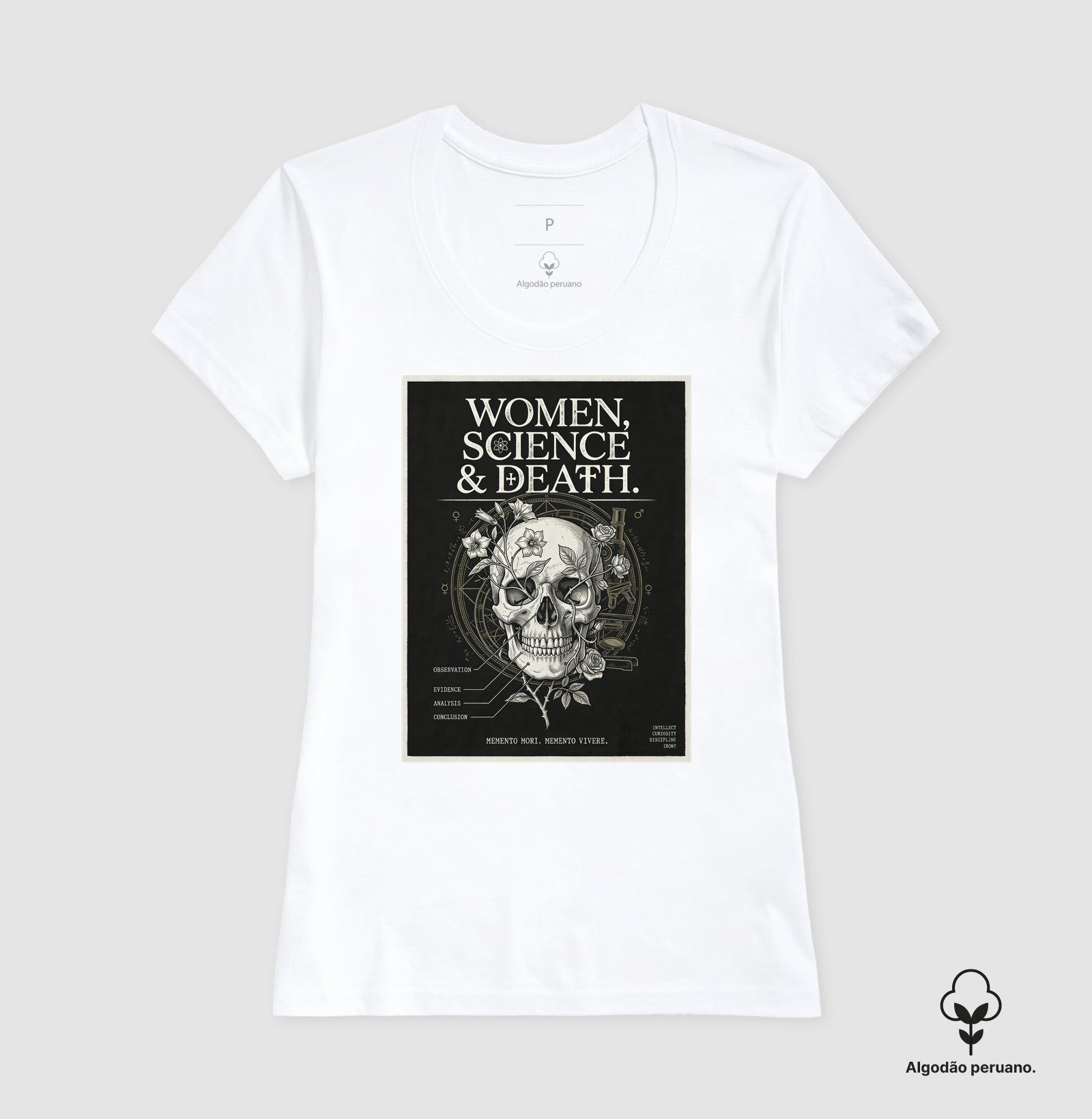 Camiseta Algodão Peruano Gótica Científica "Women, Science & Death" | Memento Mori