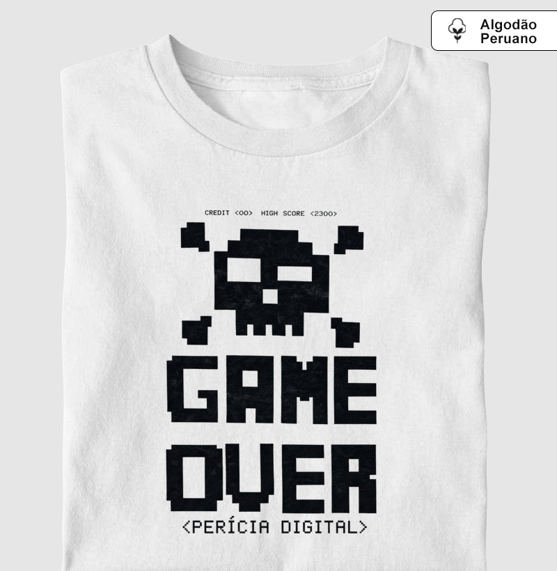 Camiseta Algodão Peruano Perícia Digital Game Over & Pixel Art Retro