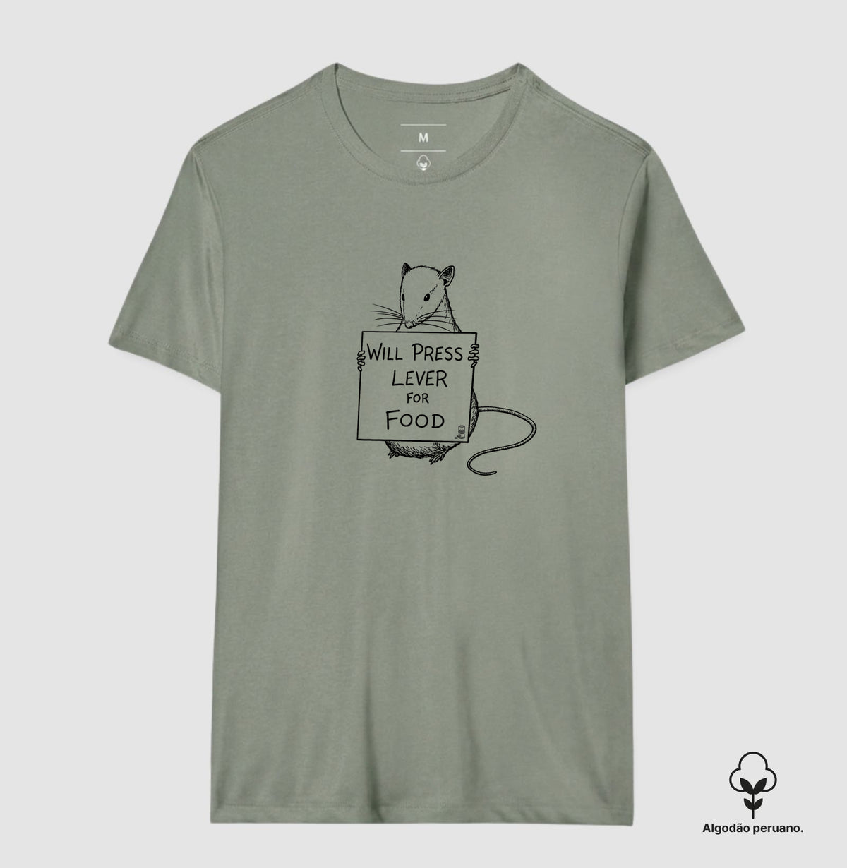 Camiseta Algodão Peruano Behaviorismo "Will Press Lever For Food" | B.F. Skinner & Condicionamento Operante