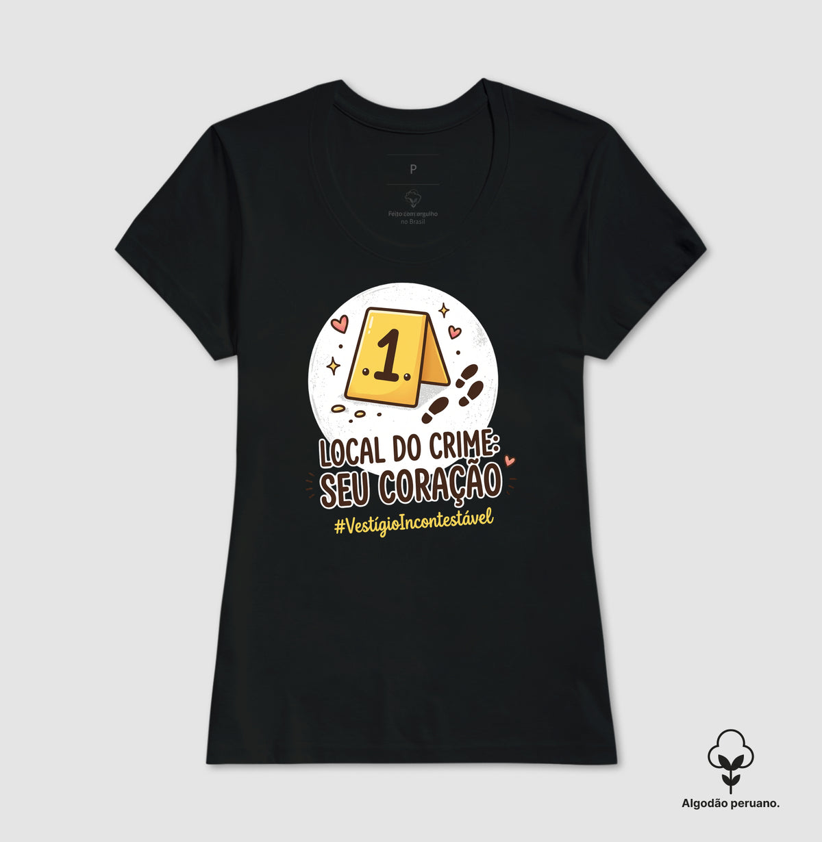 Camiseta Algodão Peruano Criminalística Romântica "Local do Crime: Seu Coração" | #VestígioIncontestável