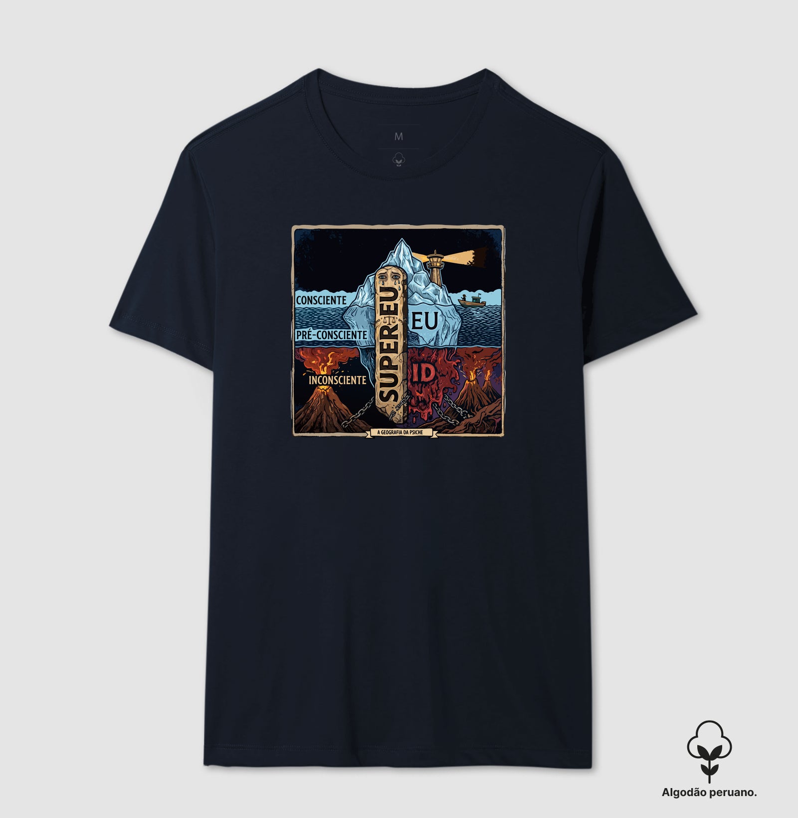 Camiseta Algodão Peruano Psicanálise Freud - (Primeira e Segunda Tópica) | Xilogravura Colorida