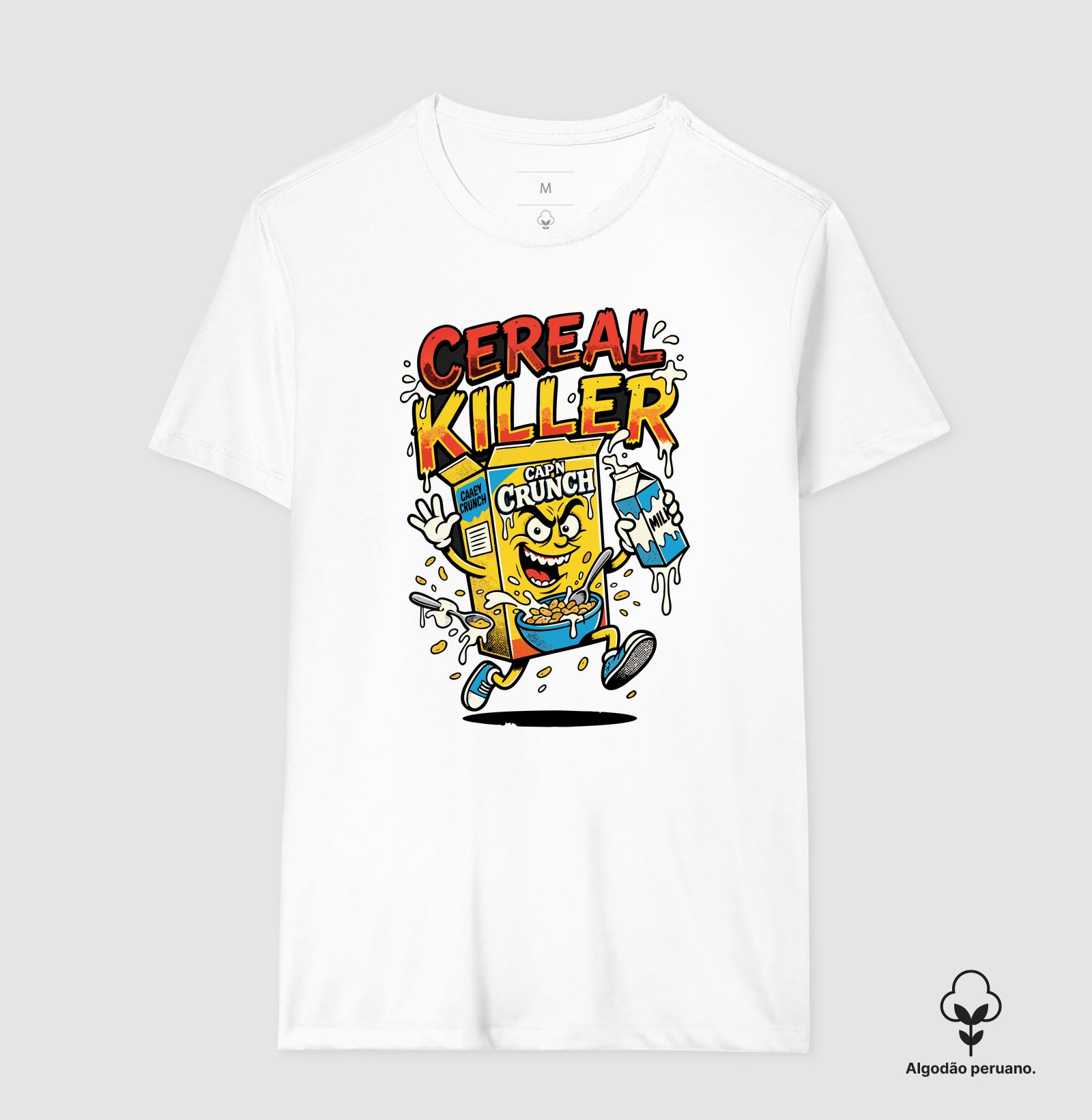 Camiseta Algodão Peruano Cereal Killer: Trocadilho de Cereal - Pop Art HQ