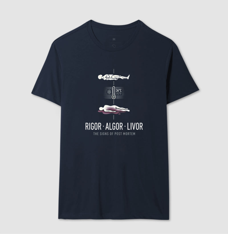 Camiseta Tríade Post Mortem (Rigor, Algor, Livor) | Coleção Forense